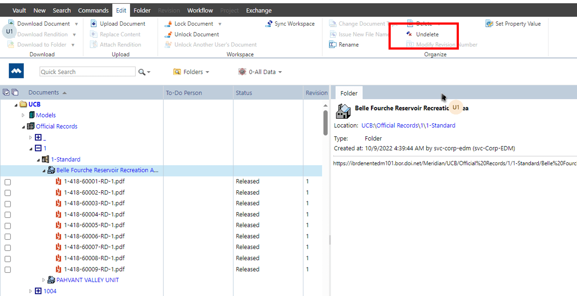 Screenshot showing how to undelete a document in PowerWeb