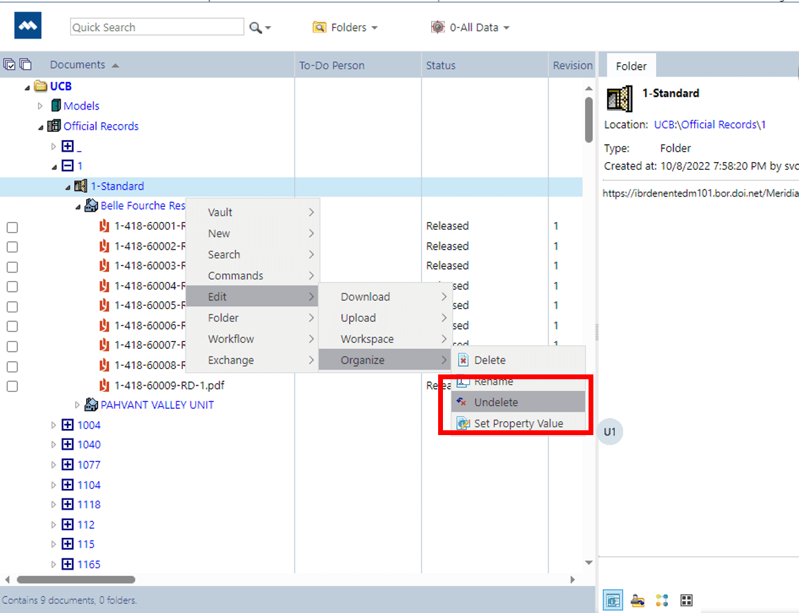Screenshot showing how to undelete a document in PowerWeb