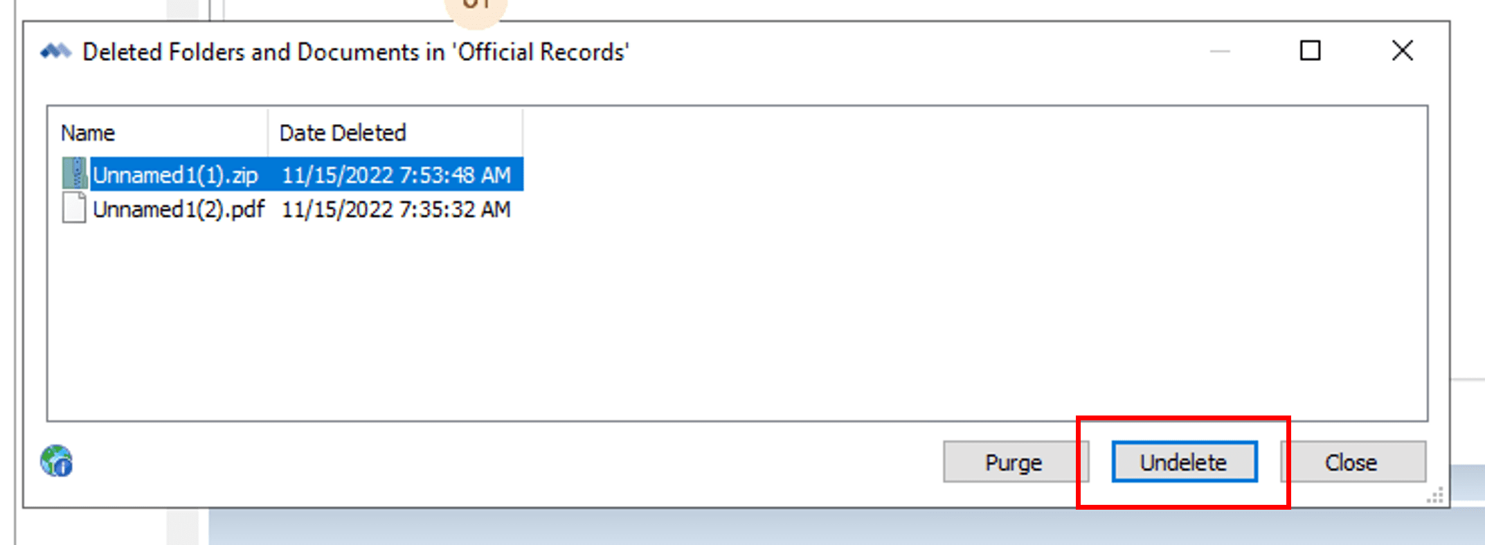 Screenshot showing how to undelete a document in PowerWeb